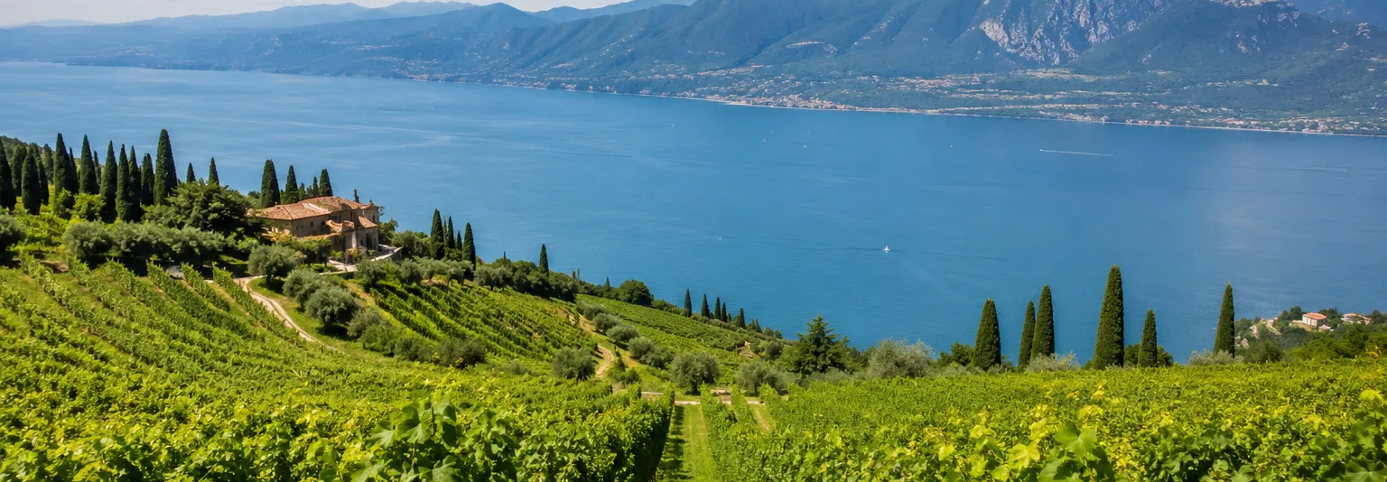 Blick über den Gardasee mit den Weinbergen bei Bardolino